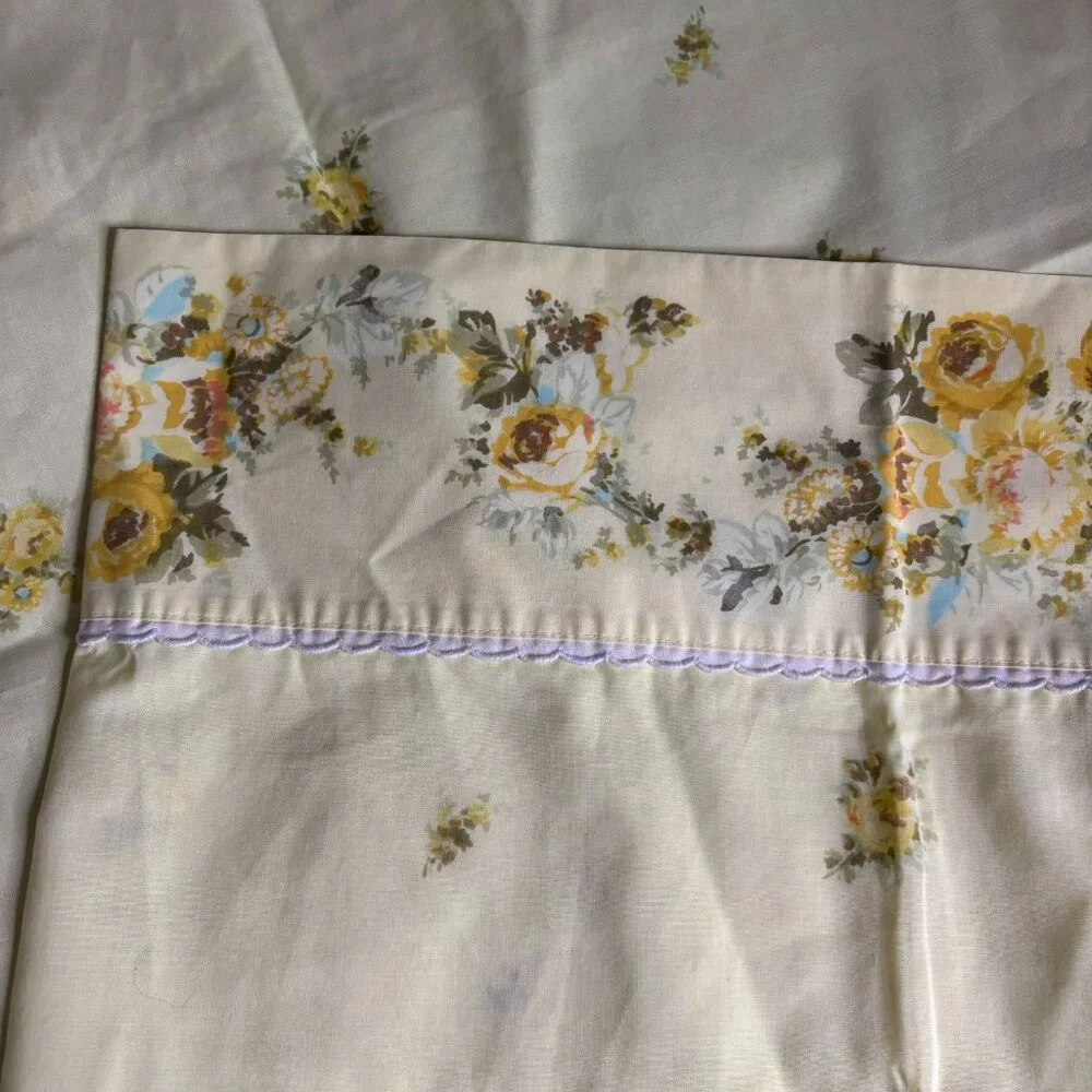 Vintage King Size Pillowcase Perma Prest Floral Yellow White Cotton Poly Blend
